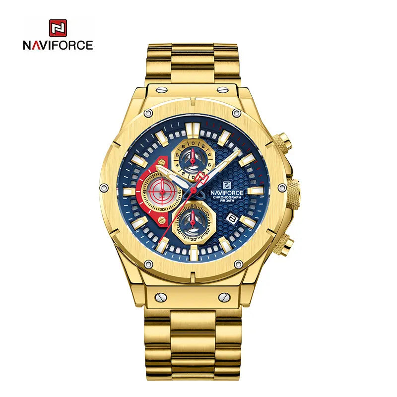 Naviforce NF8026 men's chronograph quartz watch with black dial, stainless steel band, and multiple subdials.