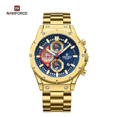 Naviforce NF8026 men's chronograph quartz watch with black dial, stainless steel band, and multiple subdials.