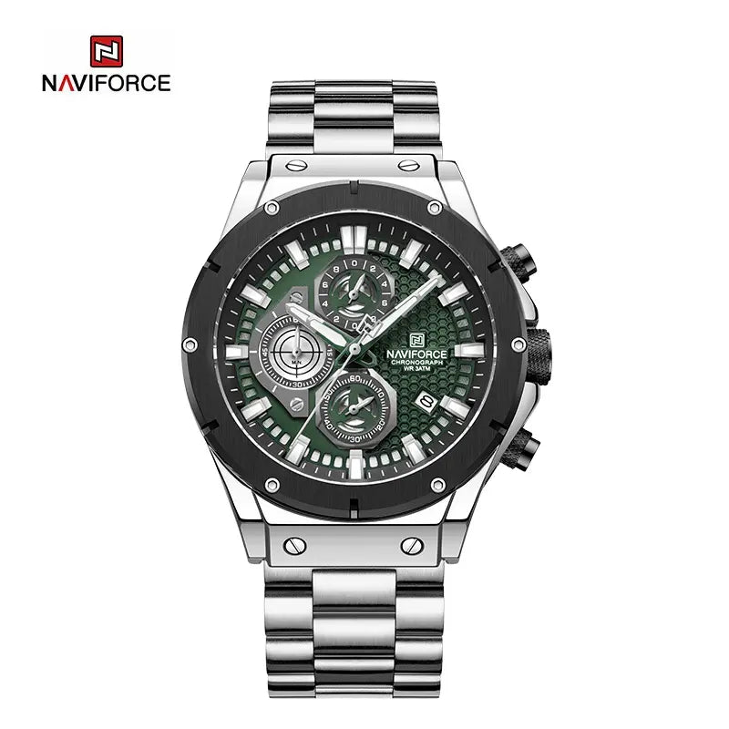 Naviforce NF8026 men's chronograph quartz watch with black dial, silver case, and black strap, featuring multiple subdials and sporty design.