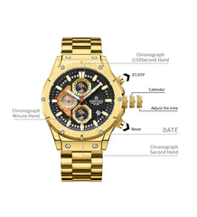 Naviforce NF8026 men's chronograph quartz watch with black dial, silver case, and leather strap, showing time and chronograph features.