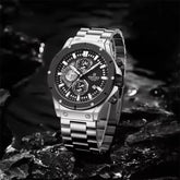 Naviforce NF8026 men's chronograph quartz watch with black dial and stainless steel band, showing time and chronograph features.