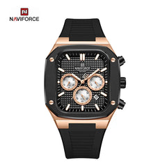 Naviforce men's square classic watch with black dial and silver stainless steel band, displaying time and date on the face.
