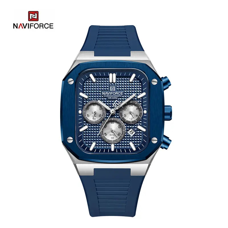 Naviforce men's square classic watch with black dial and silver case, featuring a sleek design and analog display.