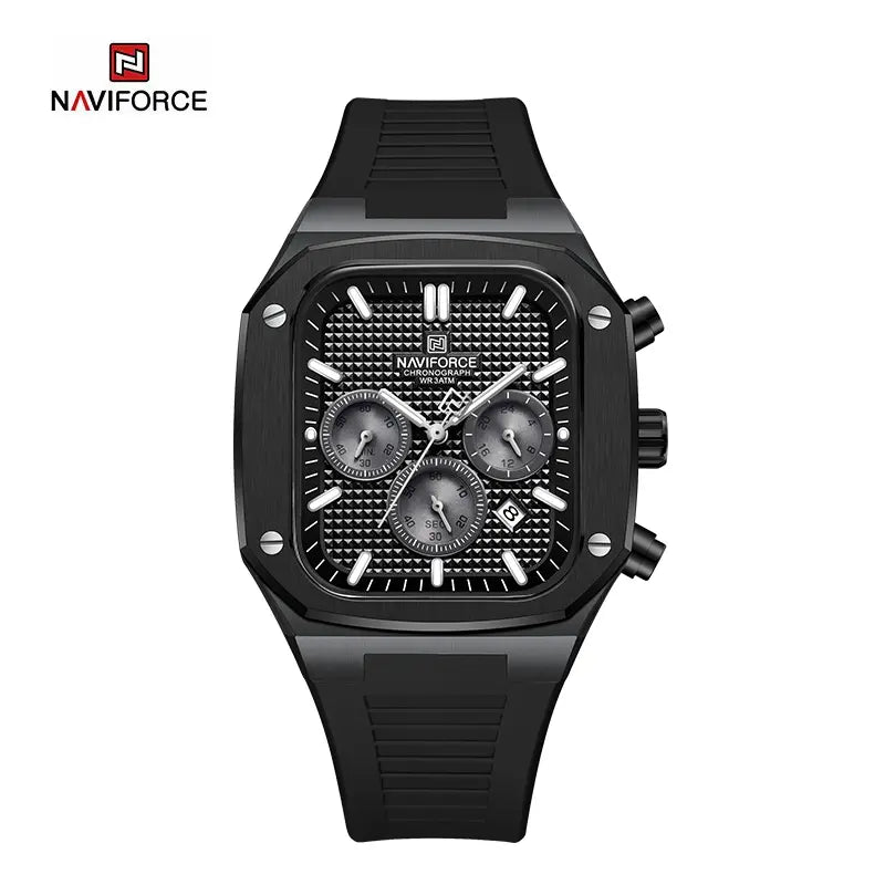 Naviforce men's square classic watch with black dial and silver stainless steel band, featuring a modern, minimalist design.