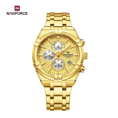 Naviforce NF8042 men's multi-function chronograph watch with black dial and stainless steel band, detailed close-up image.