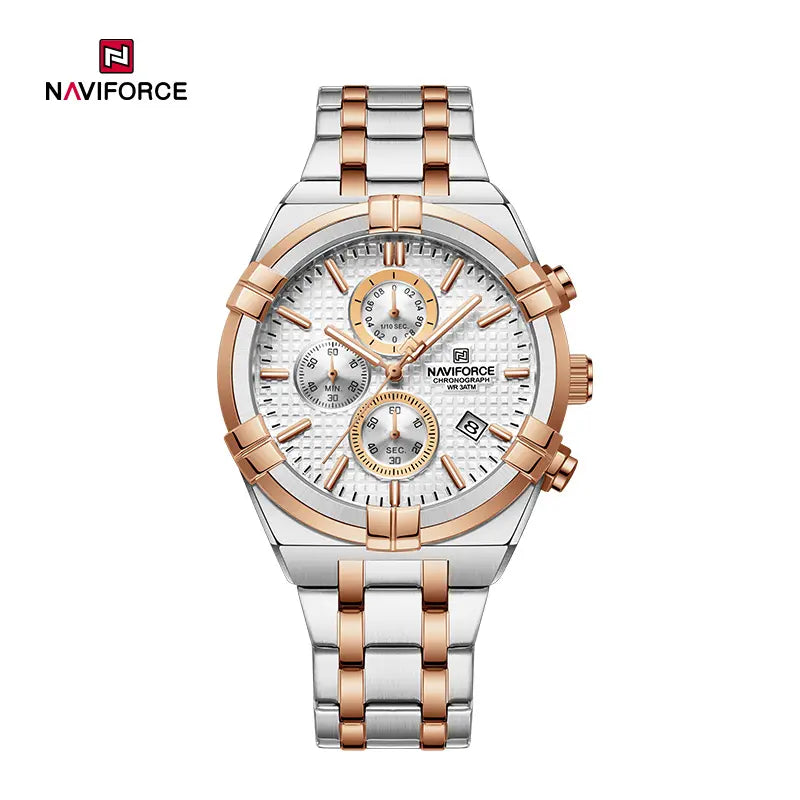 Naviforce NF8042 men's multi-function chronograph watch with black dial, silver stainless steel band, and multiple subdials.