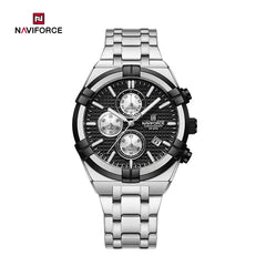 Naviforce NF8042 men's multi-function chronograph watch showing a black dial with multiple subdials and silver-tone case.
