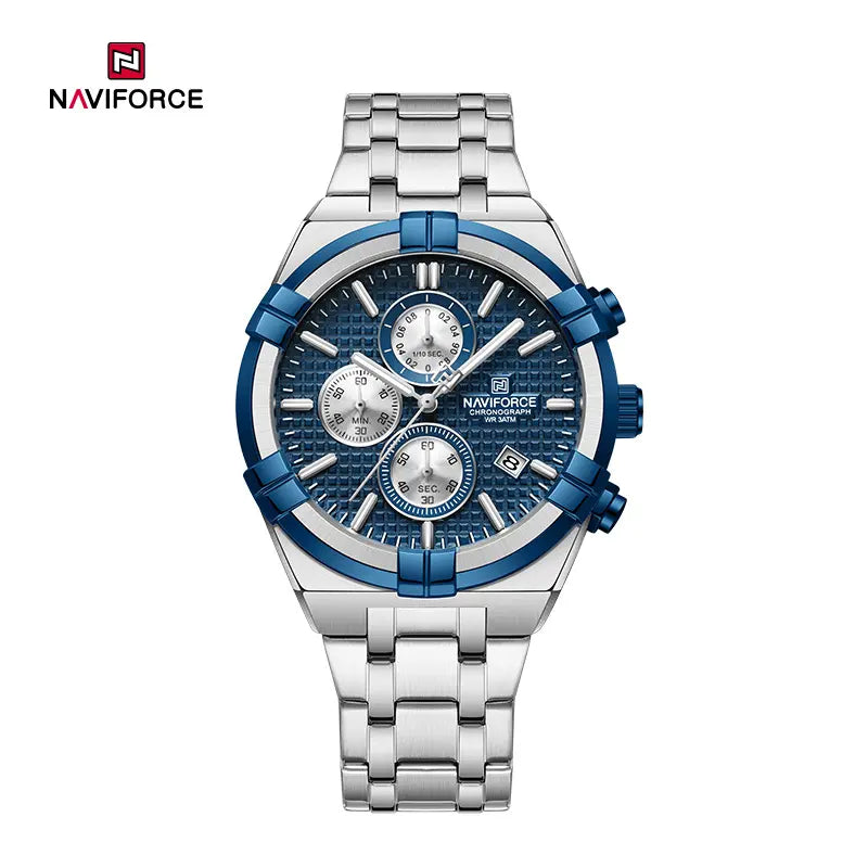 Naviforce NF8042 men's multi-function chronograph watch with black dial and stainless steel strap, featuring multiple subdials.