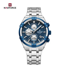 Naviforce NF8042 men's multi-function chronograph watch with black dial and stainless steel strap, featuring multiple subdials.