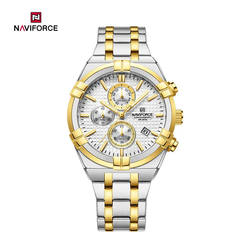 Naviforce NF8042 men's multi-function chronograph watch displaying a black dial with multiple subdials and stainless steel band.