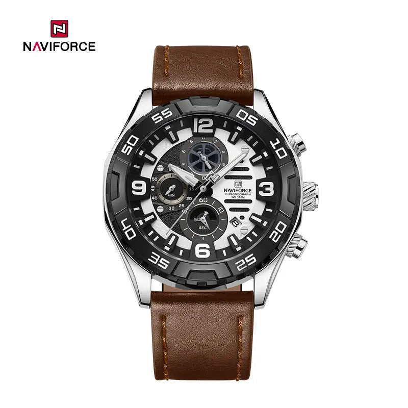 Naviforce NF8043 Elegance Exquisite men's multifunction watch with sleek black dial and silver stainless steel band.
