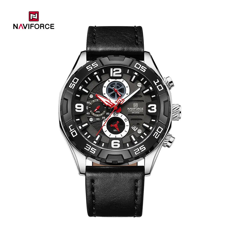Naviforce NF8043 Men’s Elegance Exquisite Multifunction Watch with black dial and silver strap, detailed close-up image.