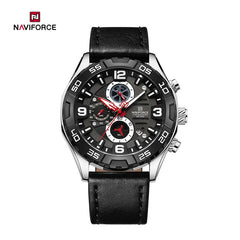 Naviforce NF8043 Men’s Elegance Exquisite Multifunction Watch with black dial and silver strap, detailed close-up image.