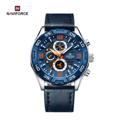 Naviforce NF8043 Elegance Exquisite men's multifunction watch with black dial and silver stainless steel band.