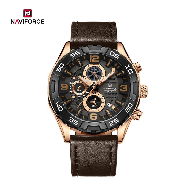Naviforce NF8043 men's multifunction watch with a sleek silver dial and stainless steel band, showcasing elegant design features.