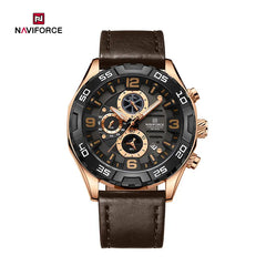 Naviforce NF8043 men's multifunction watch with a sleek silver dial and stainless steel band, showcasing elegant design features.