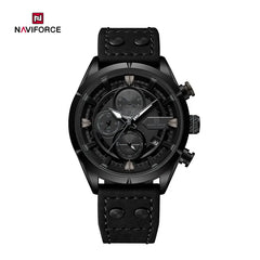 Naviforce NF8045 vintage sports men's watch with black dial, silver-tone case, and leather strap, showcasing a stylish timepiece.