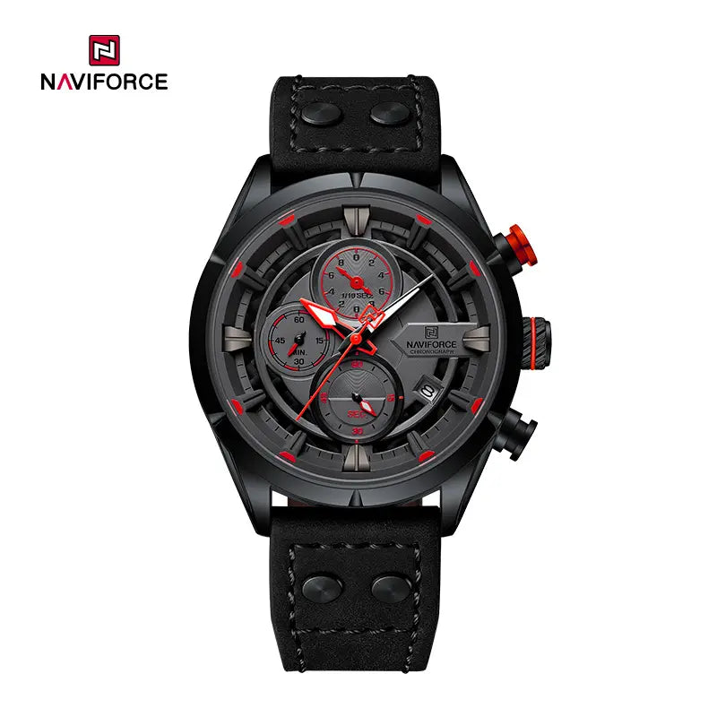Naviforce NF8045 vintage sports men's watch with black dial, stainless steel strap, and modern design.