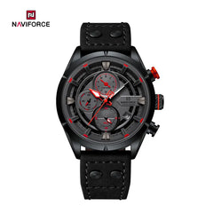Naviforce NF8045 vintage sports men's watch with black dial, stainless steel strap, and modern design.