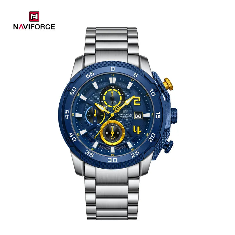 Naviforce NF8047 men's chronograph watch with black dial, stainless steel case, and adjustable strap, stylish men's timepiece.