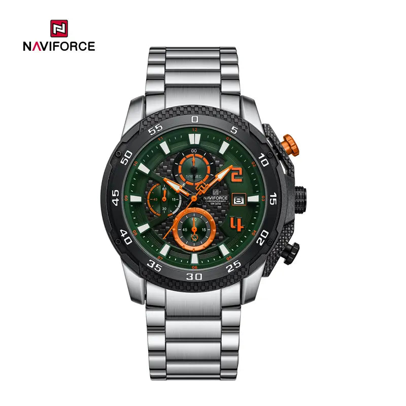 Naviforce NF8047 men's chronograph watch with black dial, silver case, and leather strap, showcasing detailed timekeeping features.