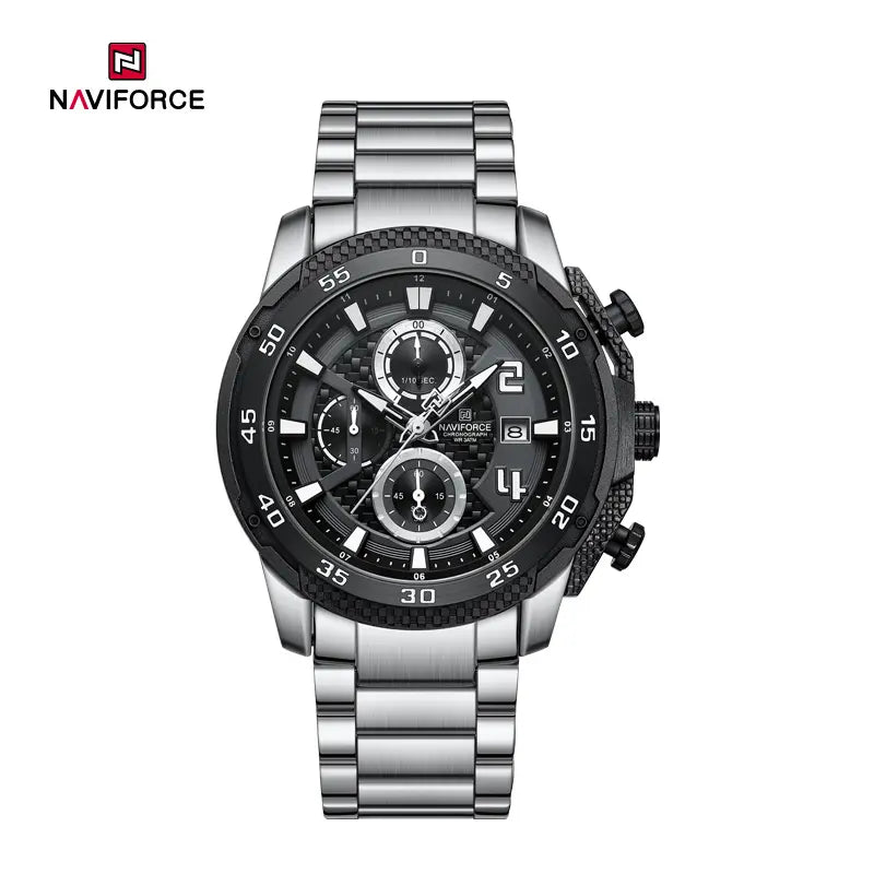 Naviforce NF8047 men's chronograph watch with black dial, silver-tone case, and strap, displaying multiple sub-dials and chronograph functions.