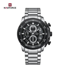 Naviforce NF8047 men's chronograph watch with black dial, silver-tone case, and strap, displaying multiple sub-dials and chronograph functions.