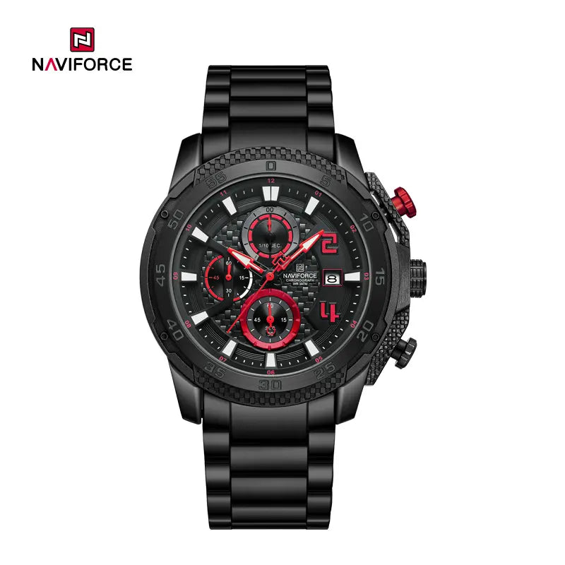 Naviforce NF8047 men's chronograph watch featuring a black dial, stainless steel case, and multiple subdials.