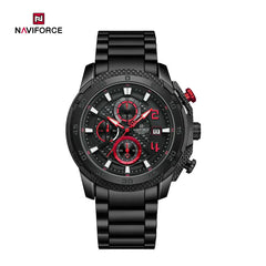Naviforce NF8047 men's chronograph watch featuring a black dial, stainless steel case, and multiple subdials.