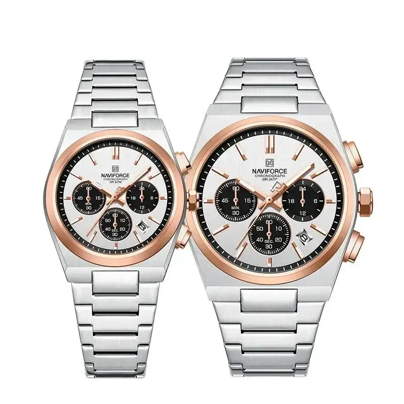 Naviforce NF8048 men's stylish classic watch with a sleek black dial and metal band, displayed on a white background.