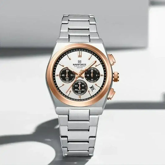 Naviforce NF8048 men's watch featuring a classic and stylish design with a round dial and leather strap.