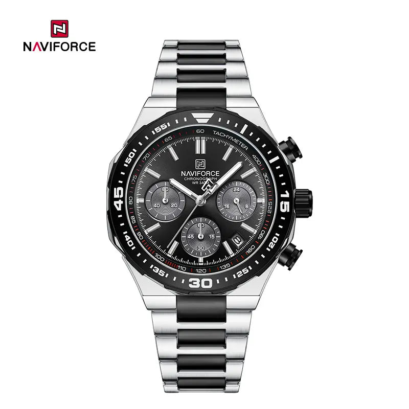Naviforce NF8049 men's trendy watch with black dial, stainless steel strap, and modern design, showcasing the stylish timepiece.