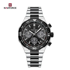 Naviforce NF8049 men's trendy watch with black dial, stainless steel strap, and modern design, showcasing the stylish timepiece.
