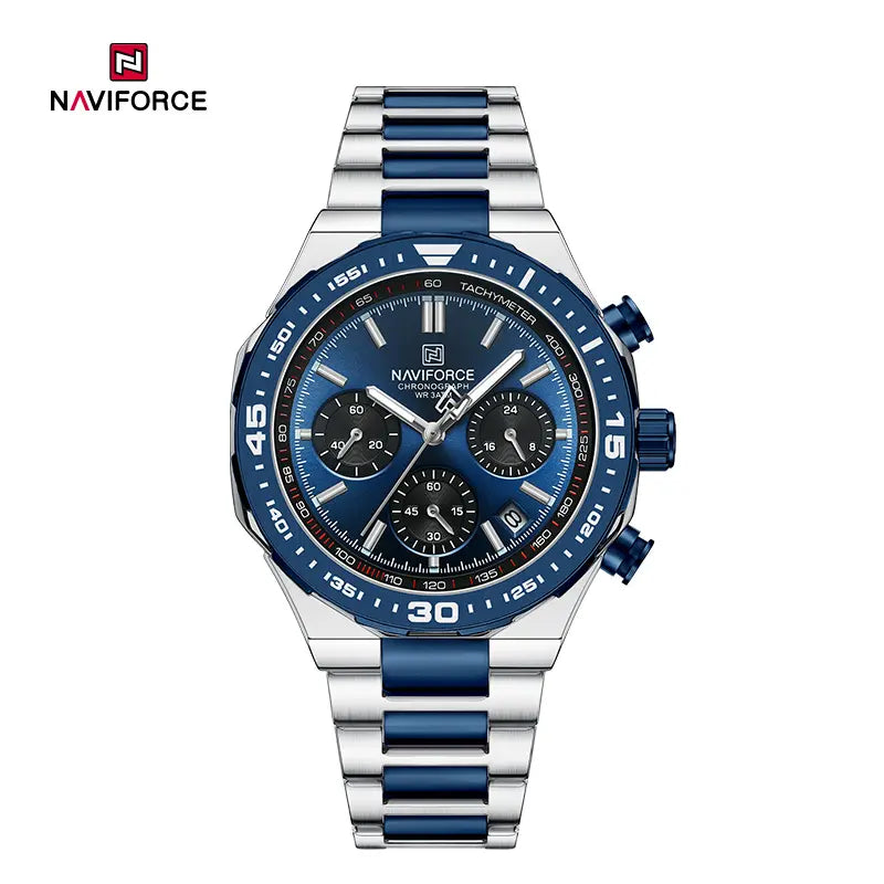 Naviforce NF8049 men's trendy watch with black dial, silver case, and stainless steel band, stylish men's wristwatch in close-up image.