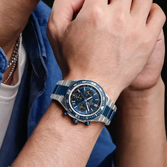 Naviforce NF8049 men's trendy watch with black dial and silver stainless steel band, stylish men's wristwatch.
