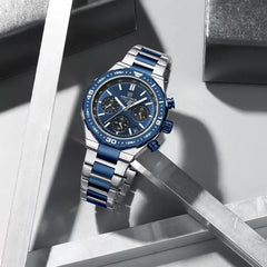 Naviforce NF8049 men's trendy watch with a black dial, silver case, and leather strap, showcasing a stylish men's wrist accessory.