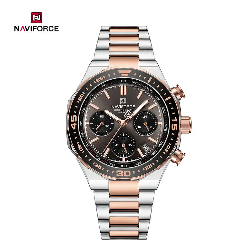 Naviforce NF8049 men's trendy wristwatch with black dial, silver case, and metal bracelet, showcasing a stylish men's watch design.