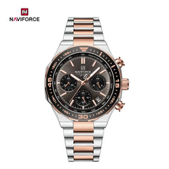Naviforce NF8049 men's trendy wristwatch with black dial, silver case, and metal bracelet, showcasing a stylish men's watch design.