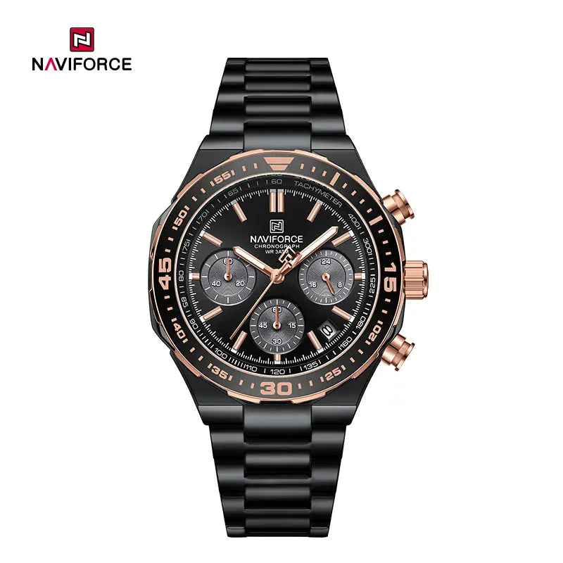 Naviforce NF8049 men's trendy watch with black dial, silver stainless steel band, and modern design.