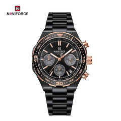 Naviforce NF8049 men's trendy watch with black dial, silver stainless steel band, and modern design.