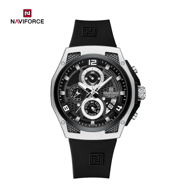 Naviforce men's fashion watch NF8051T with a sleek design, featuring a black dial and stainless steel band.