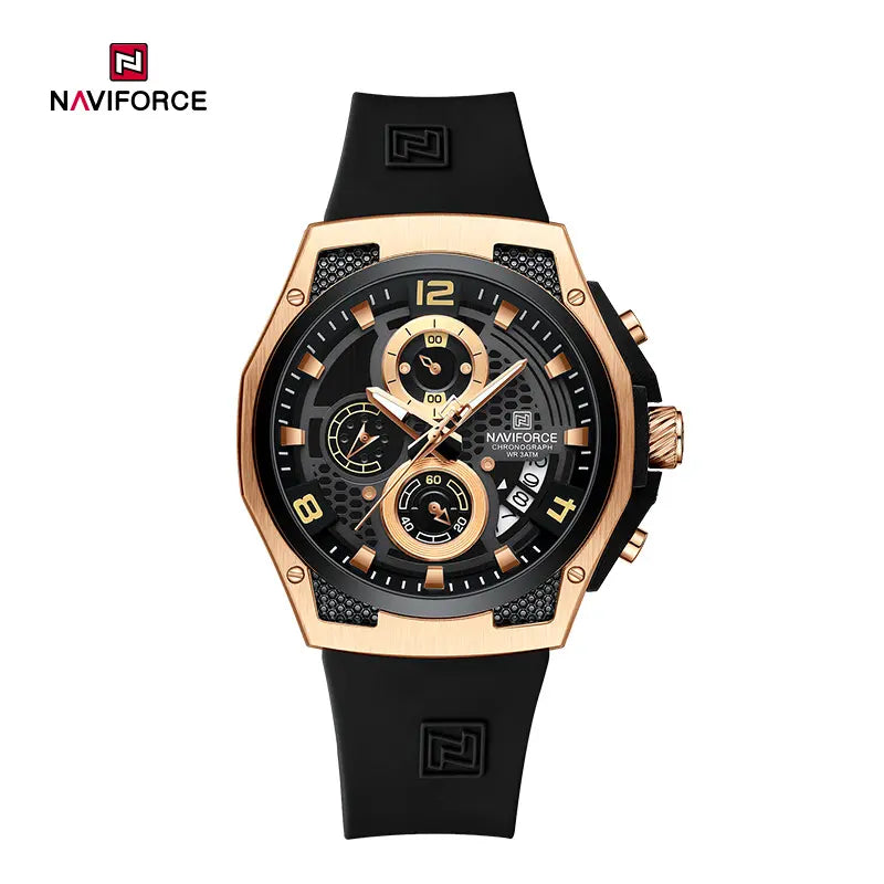 Naviforce men's watch model NF8051T with a stylish black dial and metal band, showcasing a trendy fashion accessory.
