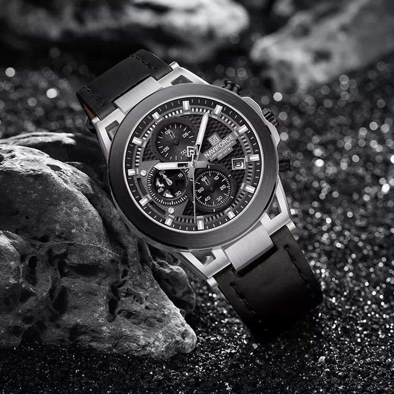 Naviforce NF8073 men's fashion watch with black dial, silver case, and metal band, showcasing a stylish timepiece.