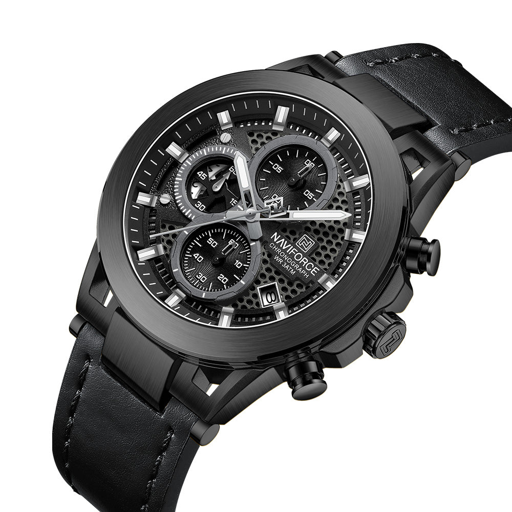 Naviforce NF8073 men's fashion watch with black dial and stainless steel band, stylish men's wristwatch for everyday wear.