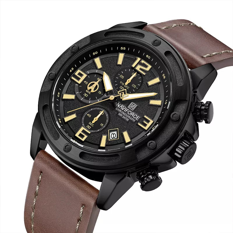 Naviforce NF8074 men's fashion watch with a black dial and brown strap, stylish men's watch by Naviforce.
