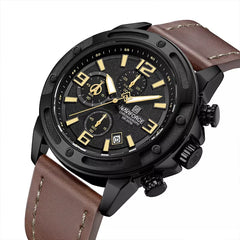 Naviforce NF8074 men's fashion watch with a black dial and brown strap, stylish men's watch by Naviforce.