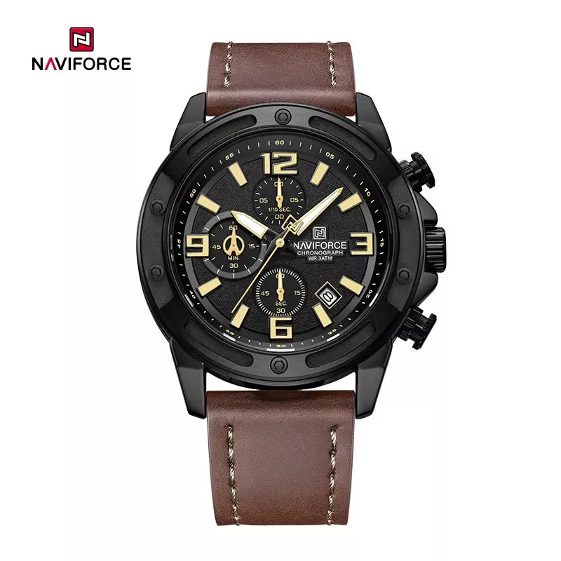 Naviforce NF8074 men's fashion watch with a black and brown strap, featuring a sleek dial and modern design.