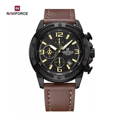 Naviforce NF8074 men's fashion watch with a black and brown strap, featuring a sleek dial and modern design.
