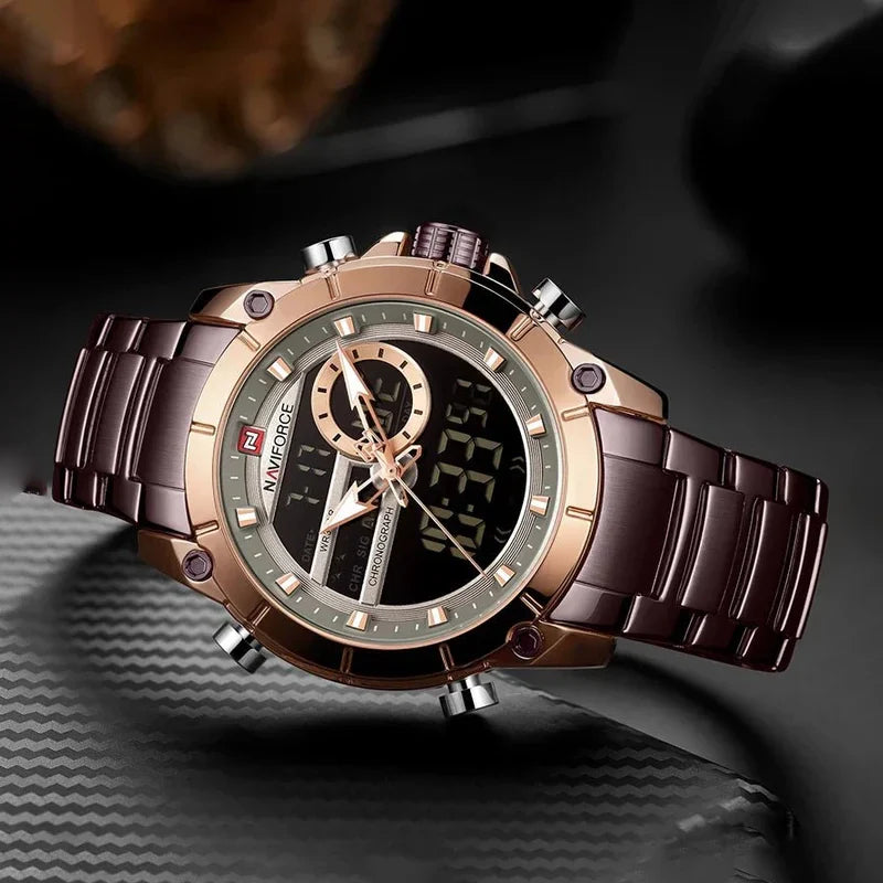 Naviforce NF9163 men's military sport digital and analog watch with black strap and rugged design, suitable for outdoor activities.