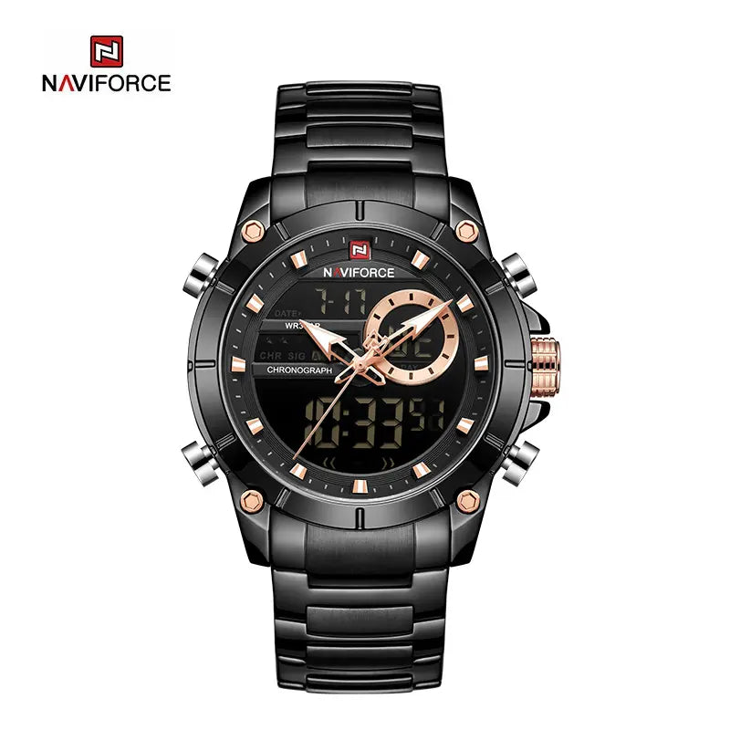 Naviforce NF9163 men's military sport digital analog watch showing black dial, digital display, and sturdy strap.